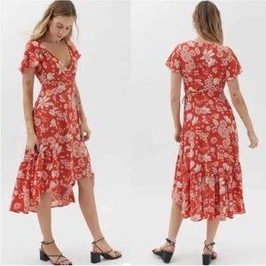 Urban Outfitters Red Floral Wrap Dress Hi-Low Midi